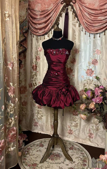 Vintage A Line Strapless Flower Burgundy Satin Short Homecoming Dress Cocktail Dress HZ1023